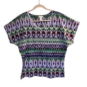Chico's Multicolor Geometric V- Neck Short Sleeve Blouse Top Size 2
